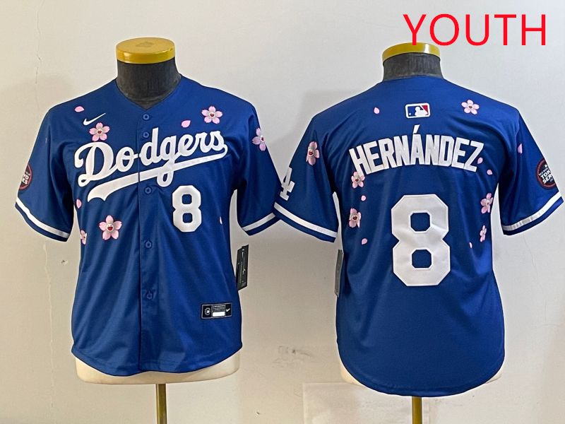 Youth Los Angeles Dodgers #8 Hernandez Blue Sakura Edition 2025 Nike MLB Jersey style 2